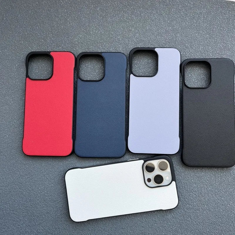 Frameless PU leather phone case in black with heat dissipation for iPhone 14 Pro Max back view
