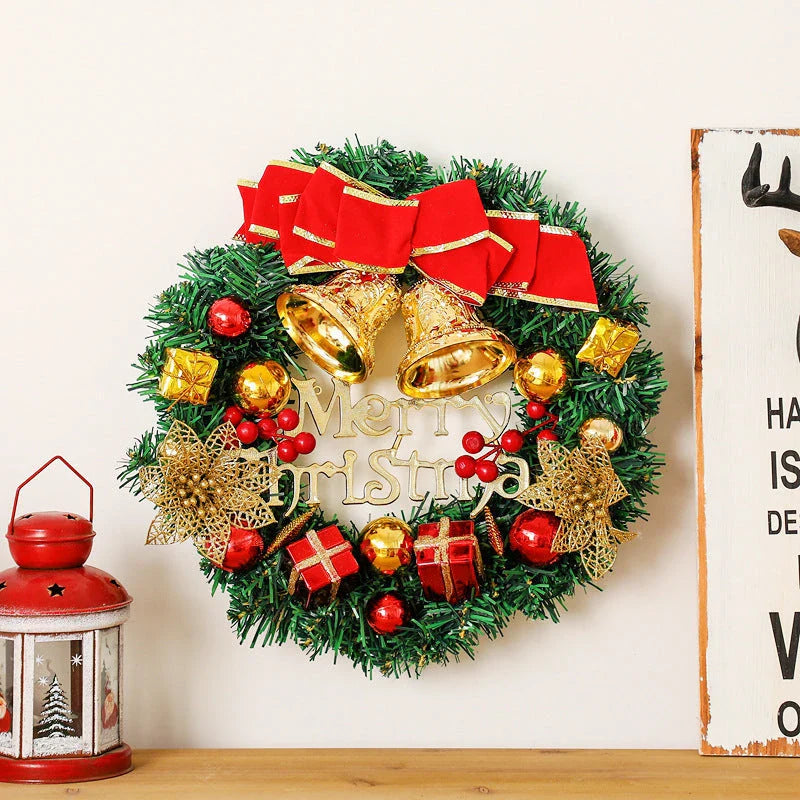 Festive Christmas wreath with artificial pine cones, berries, and maple leaves for elegant holiday decor