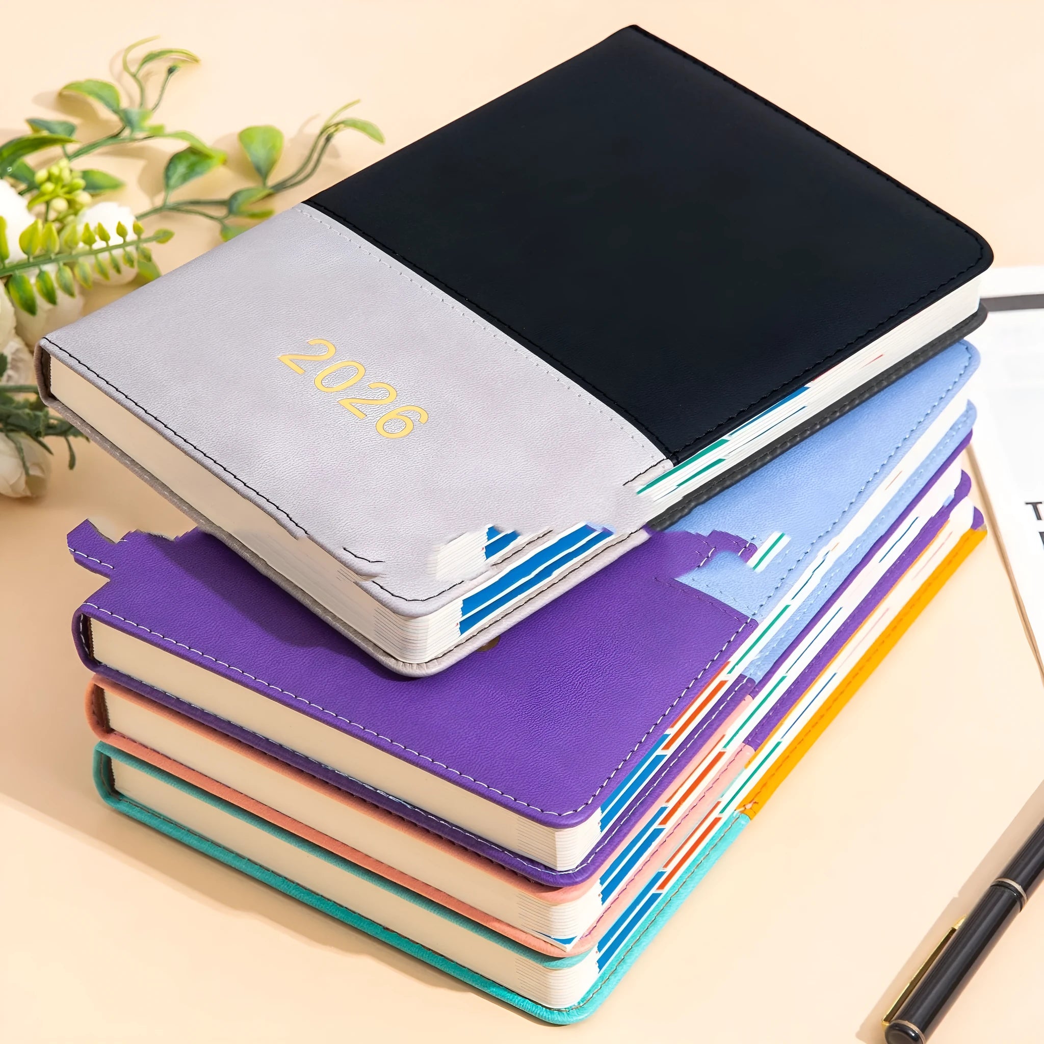 A5 English schedule book with waist seal, imitation leather cover, open to daily page