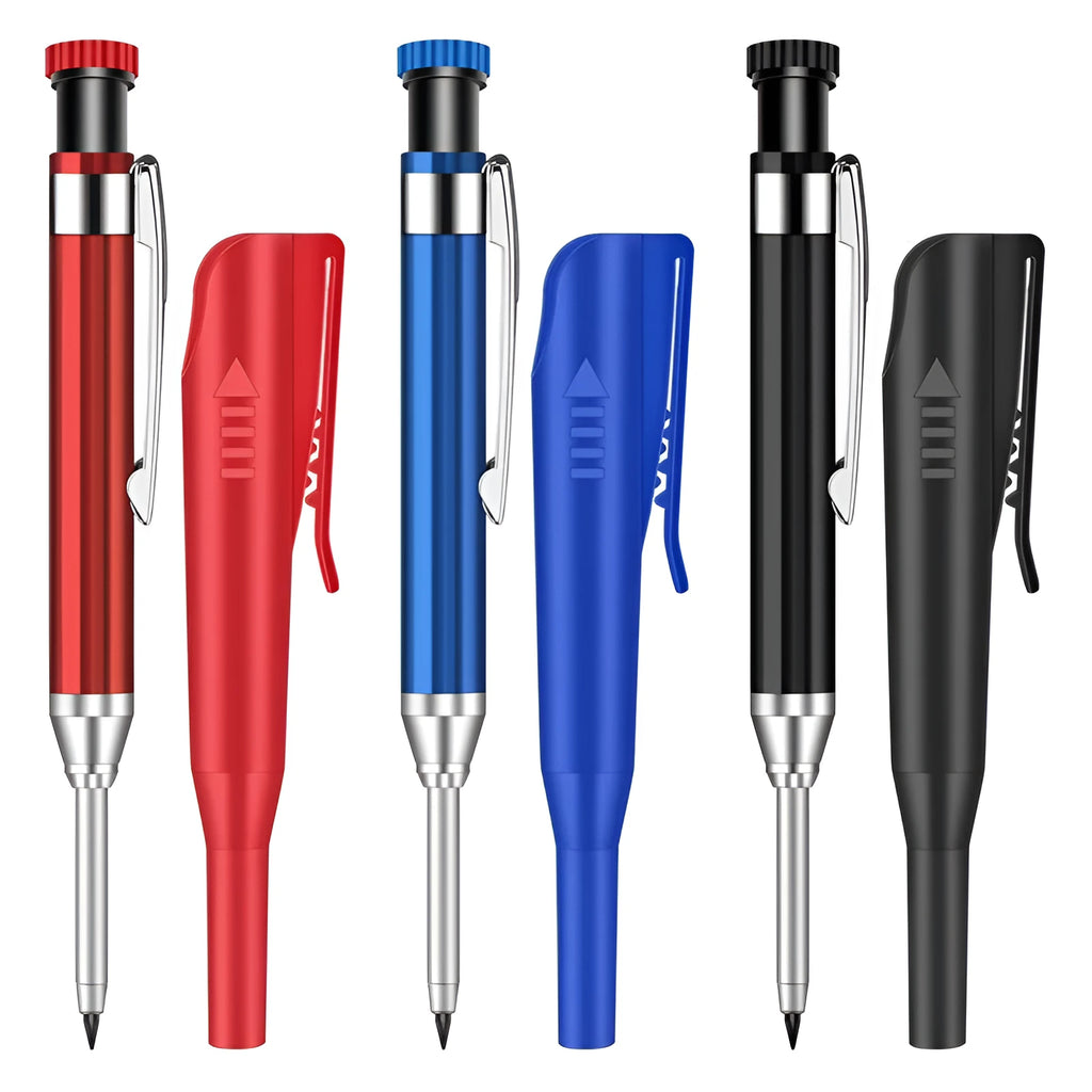 2.8mm metal long head deep hole carpenter's pencil with fine tip, black colour option, on a wooden surface