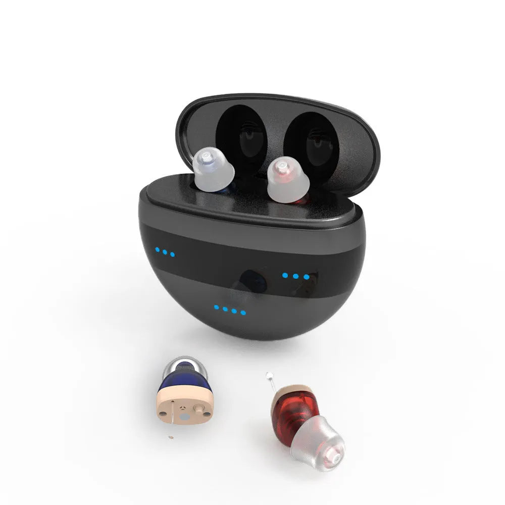 C700 red and blue in-ear digital hearing aid with charging case and earplugs.