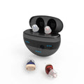 C700 red and blue in-ear digital hearing aid with charging case and earplugs.