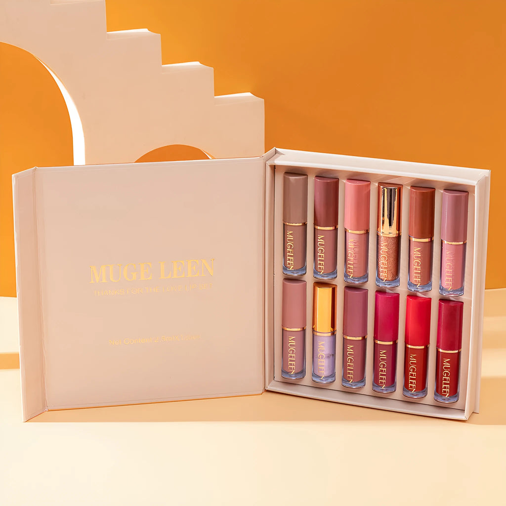 12-piece matte shimmer lip glaze set in nonstick cup colours with durable anti-fade formula