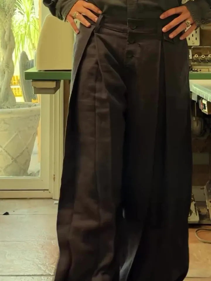 Black casual single-breasted linen wide-leg pants, full-length, regular fit, sizes S to 2XL.