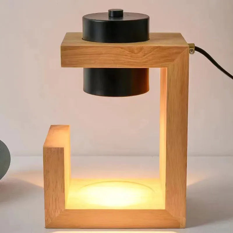 Solid wood wax melting lamp in black with dimmable control and two bulbs, Nordic style