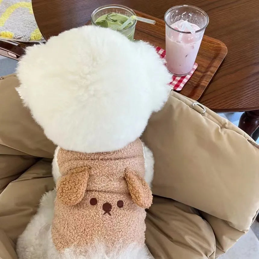 Autumn winter dog vest with ear-hanging embroidered puppy design, polyester, brown or beige, sizes XS-XL