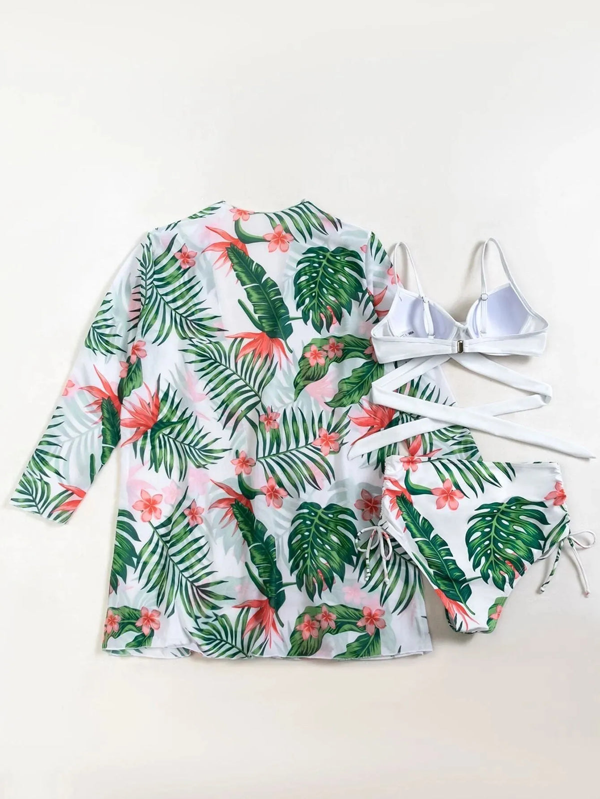 Three-piece mesh split bikini set for women in five colour options, sizes S-XL, nylon spandex fabric