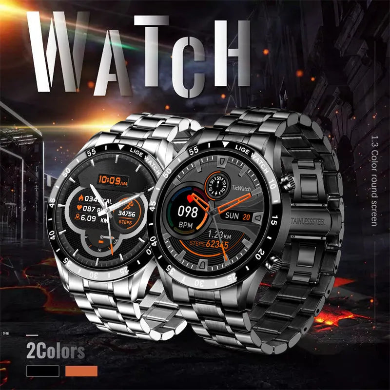 Smart watch with 1.3-inch touch screen, stainless steel wristband in black or silver, 46mm dial, 22mm strap width, 26cm strap length.