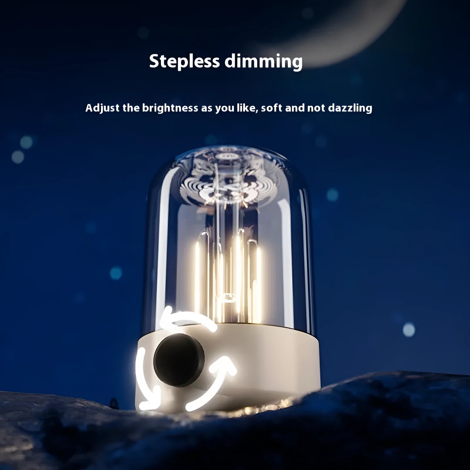 Beige and black camping ambience light with control knob and USB port for charging 18650 batteries
