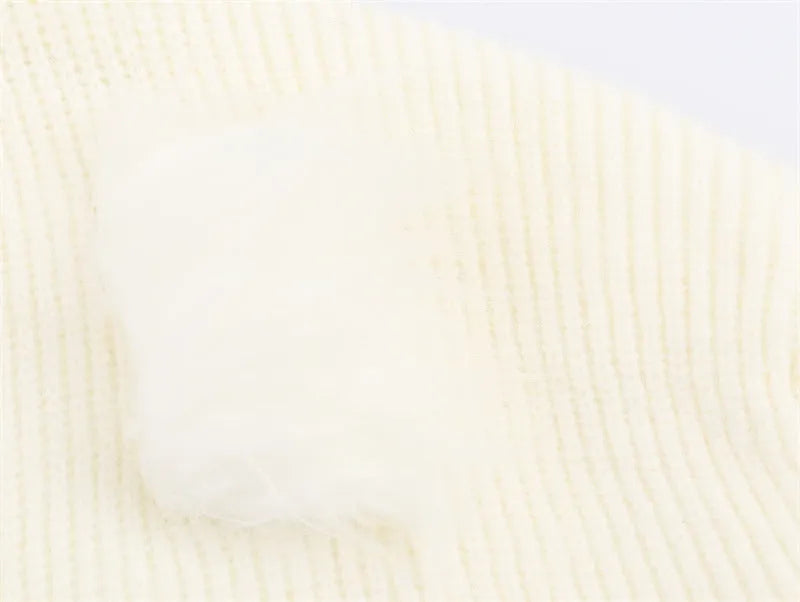 Women's white V-neck furry knitted dress with cuffed long sleeves, straight cut, sizes S M L