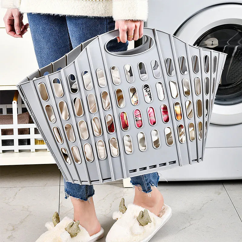 Plastic folding dirty laundry basket in mesh PP material, available in blue, grey, pink
