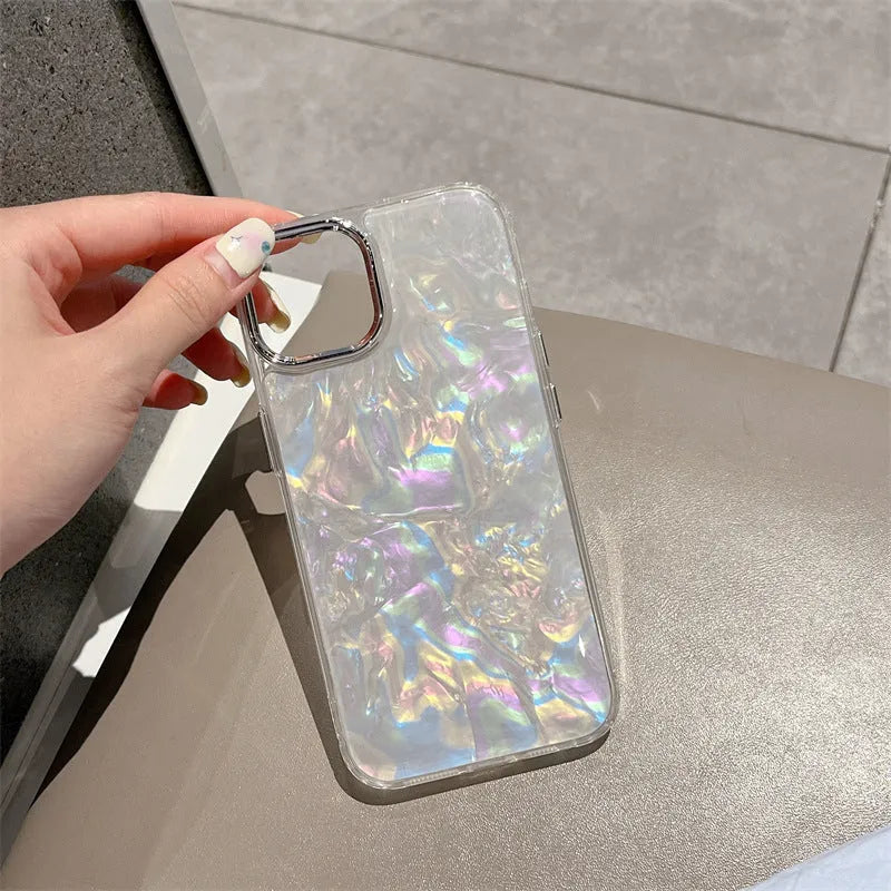Fantasy shell pattern TPU phone case with epoxy finish for iPhone models, white colour option shown