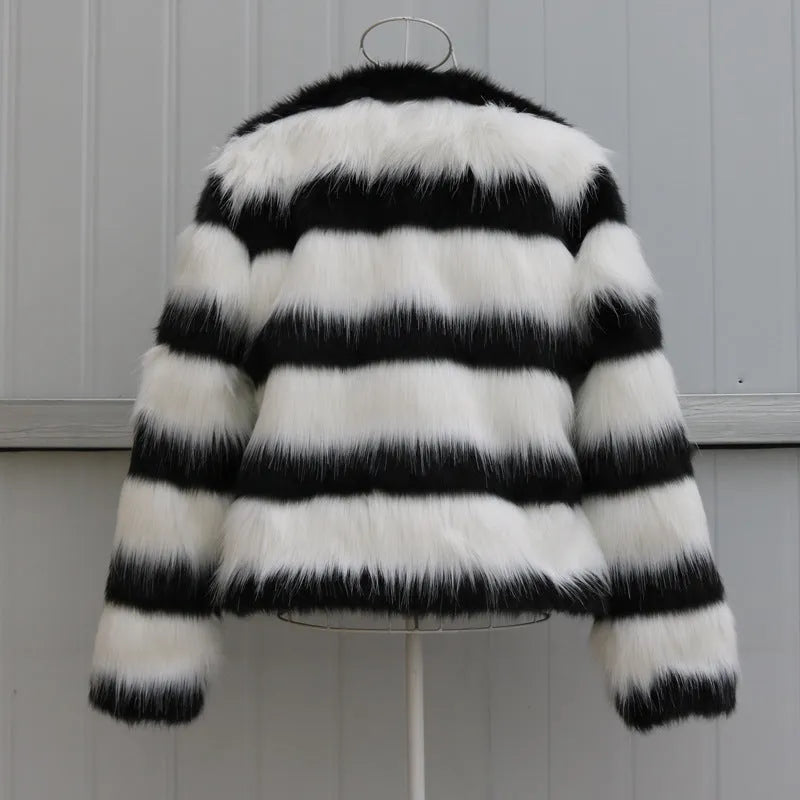 Black and white striped faux fur leather jacket for women, long sleeve street fashion outerwear.