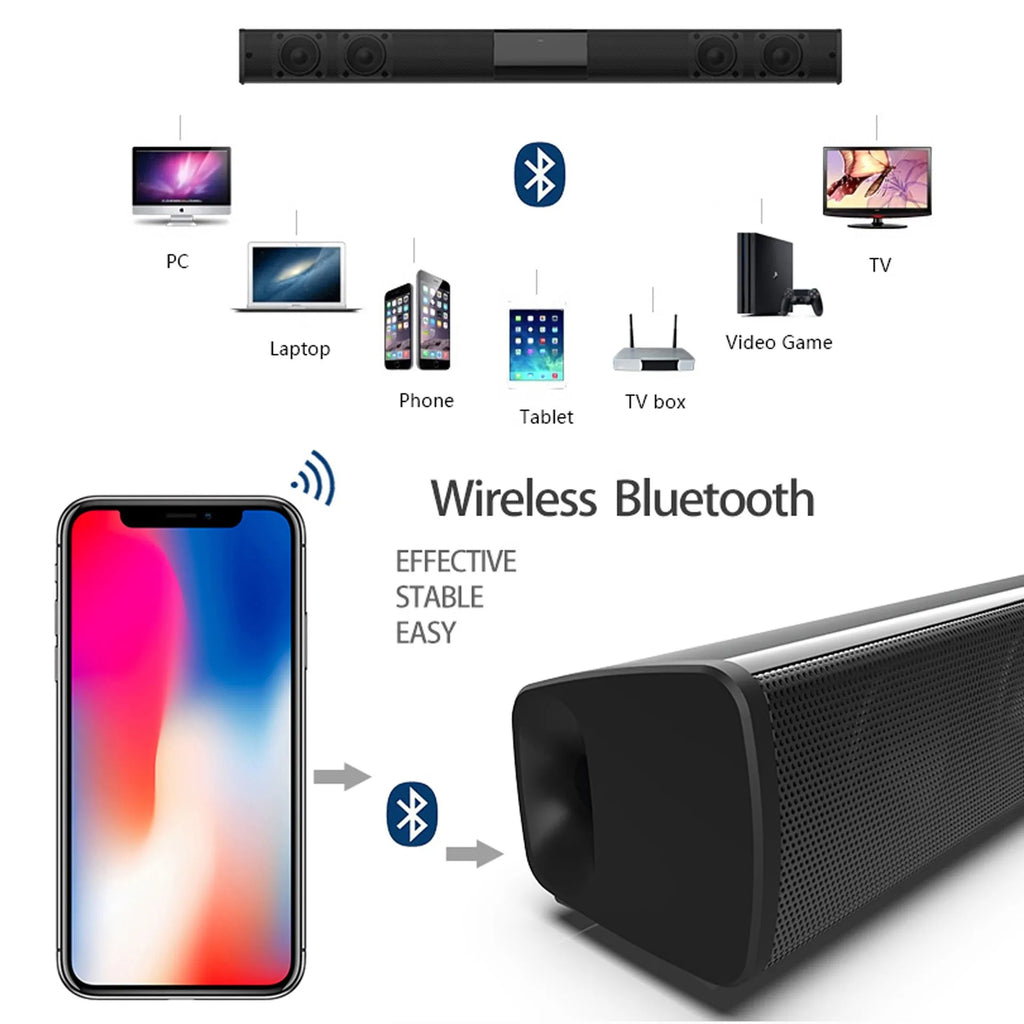 Black Bluetooth home theatre speaker with 550mm BS28B or 330mm BS28A unit, remote, data cable and plug