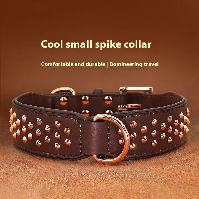 Leather dog collar with metal rivets in black, chocolate brown, or pink colour