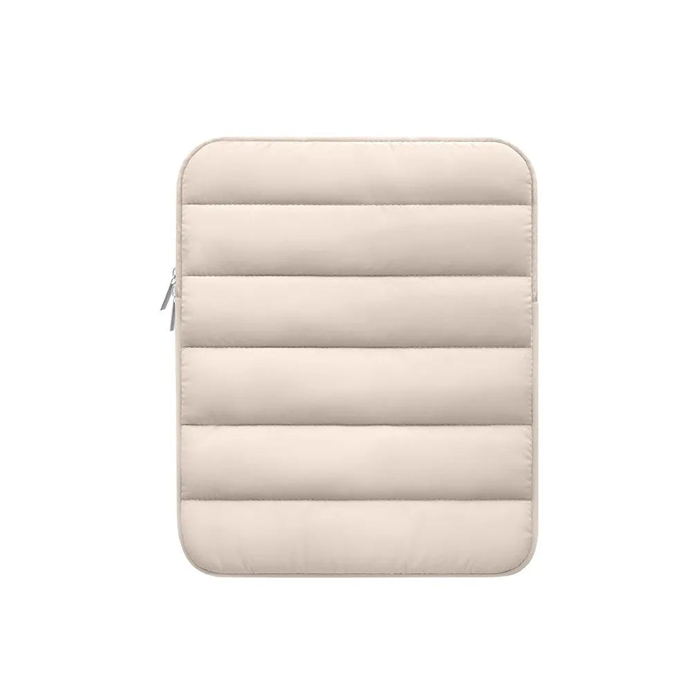 Puff bag laptop sleeve in black showing elastic sides and padded construction for 9.7-11 inch devices