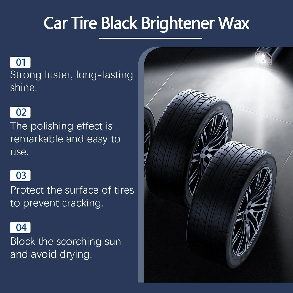 Car tyre polishing paster with beeswax and silicone oil in 100g block, plus sponge applicator for tyre restoration