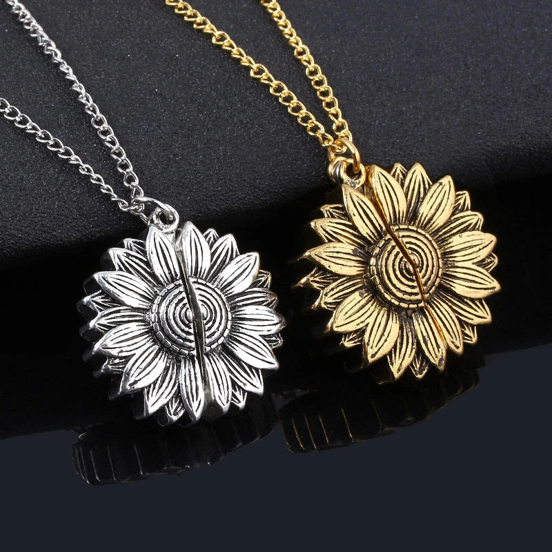 A stunning sunflower pendant necklace with an adjustable chain in various fashionable colors