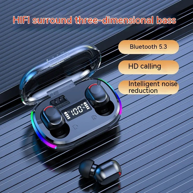 K10 Black in-ear Bluetooth headset with digital display, colourful breathing light and ABS earbuds