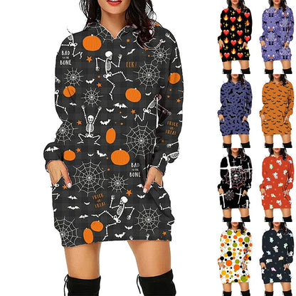 Women's long-sleeved Halloween hoodie with pockets, featuring a unique printed design in a variety of vibrant color options.