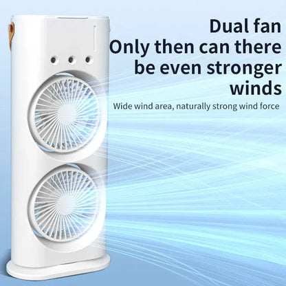 Portable Dual-Headed Evaporative Humidifier Fan with Adjustable Airflow, Quiet Operation, and Compact Design