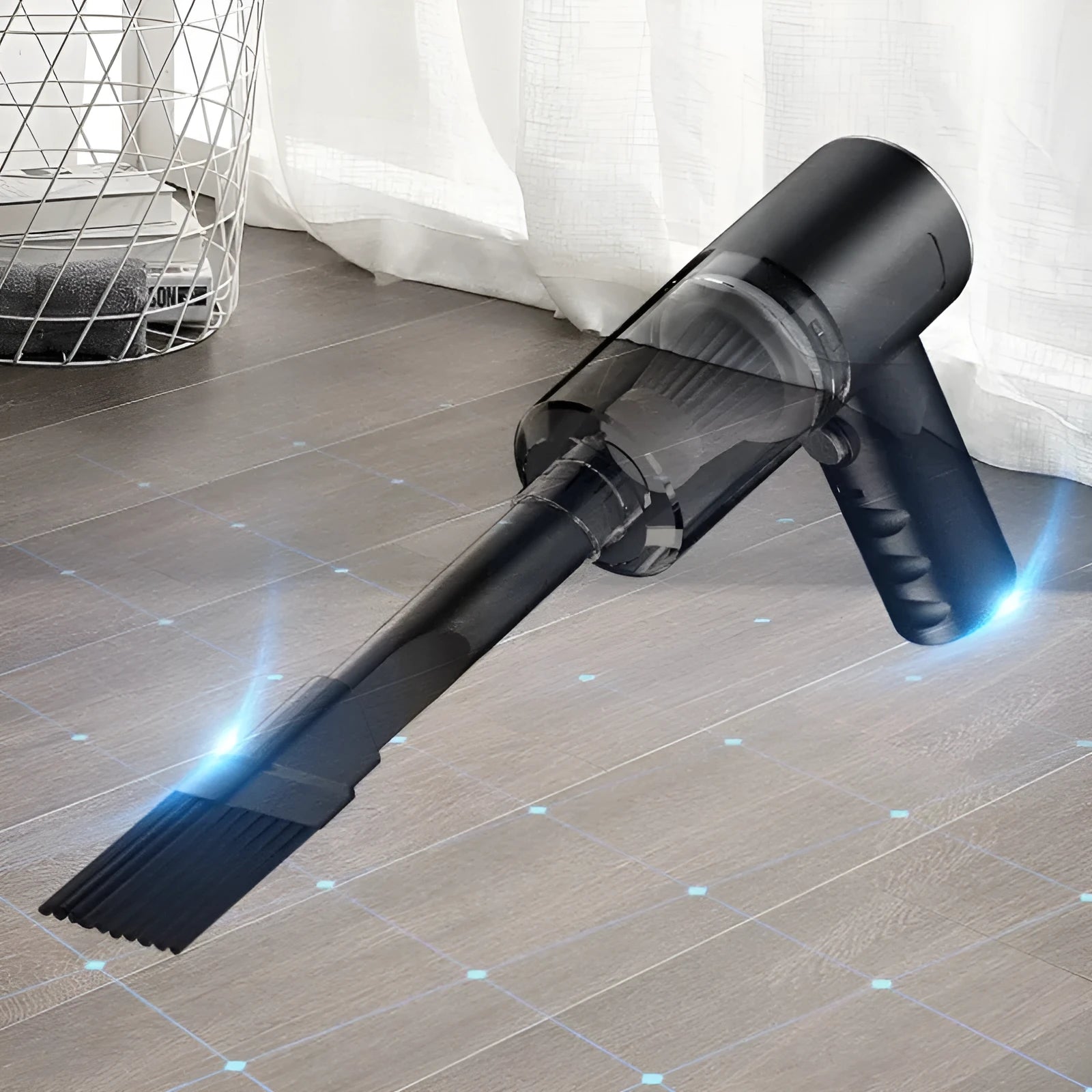 Black handheld car vacuum cleaner with USB charging port showing portable design