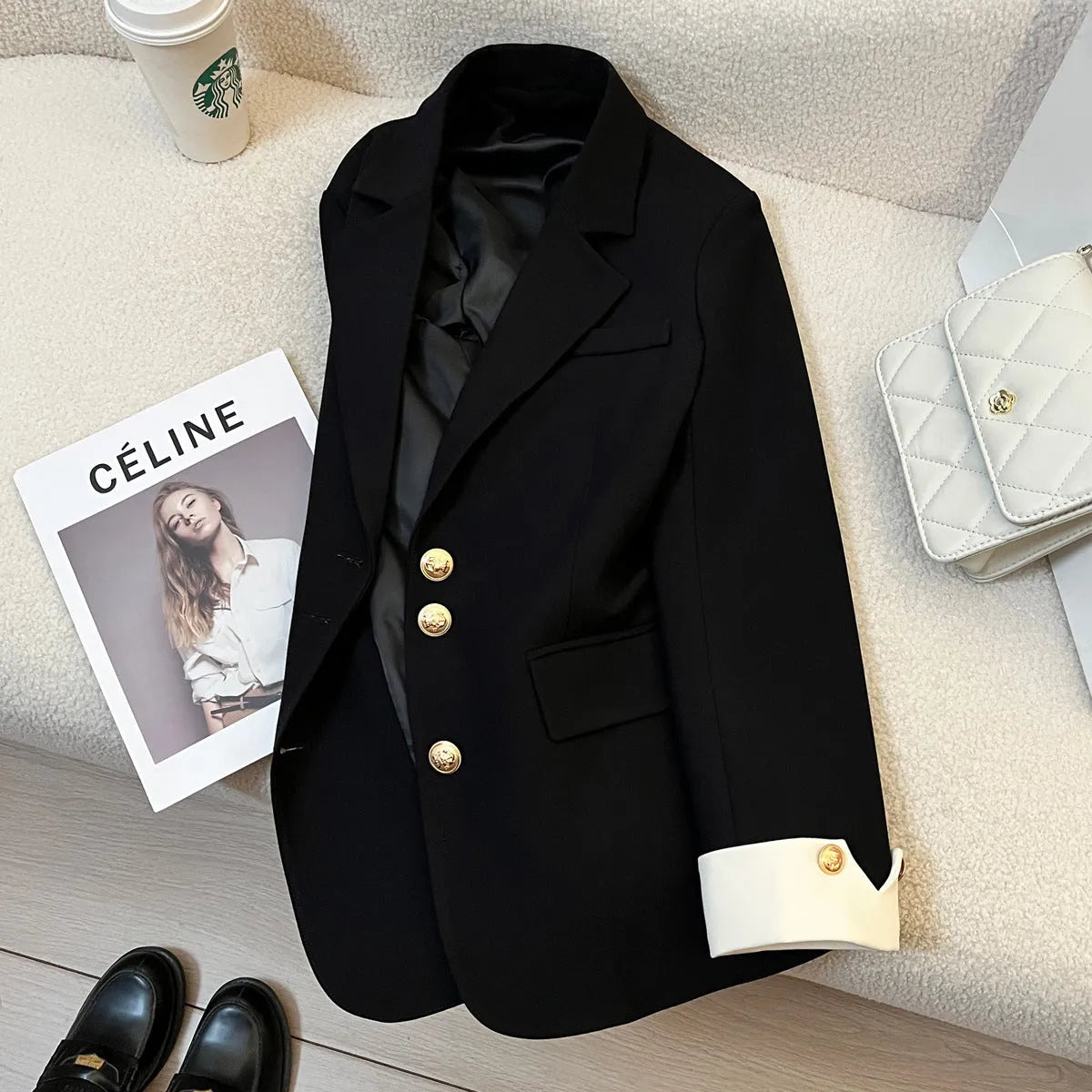Korean-style women's polyester coat in milky white with medium length, loose fit, long sleeves and pockets