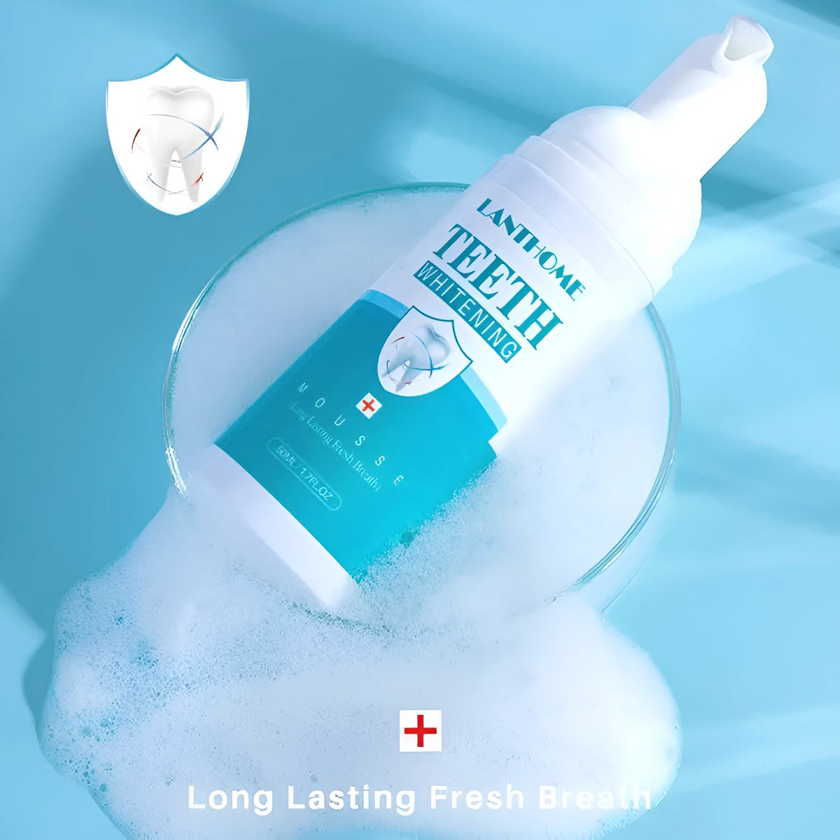 Teeth whitening mousse 50ml oral cleaning foam in white bottle with blue label