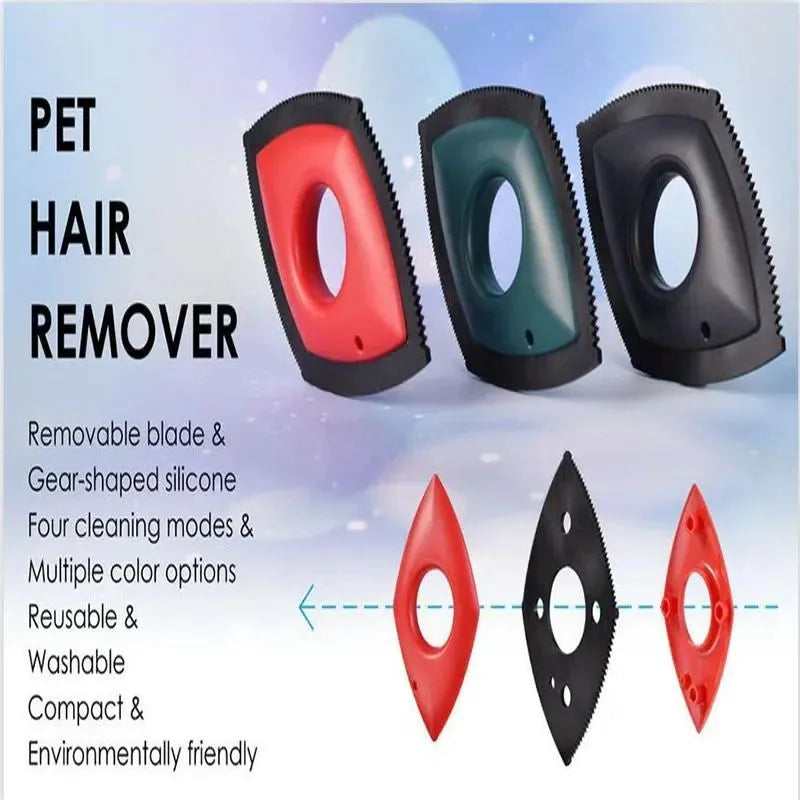 Silicone pet hair remover brush with scraper head and non-slip handle for cleaning fur from carpets and sofas