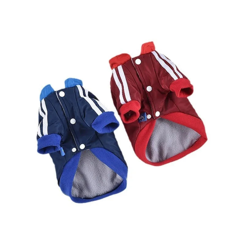 Red or blue thick cotton V-neck dog coat shown in sizes from XS to 3L for winter wear.