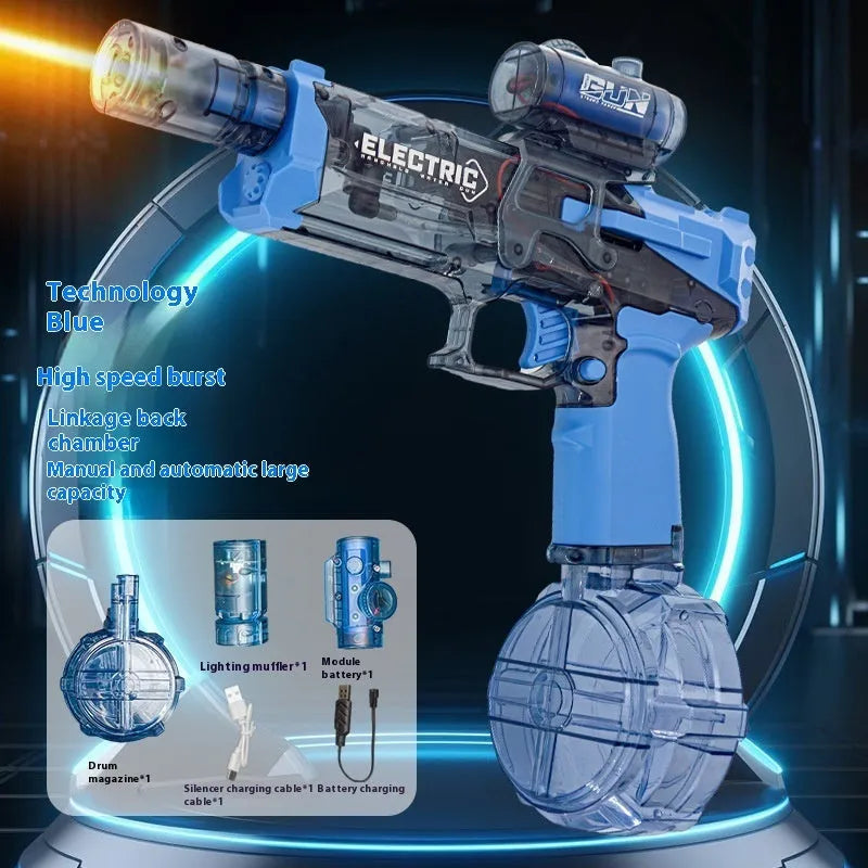 Electric water pistol with light effects showing automatic water feeding system