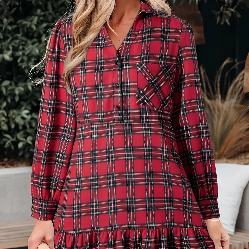 Red plaid women's mini dress with shirt collar, long sleeves, half-button front, and ruffle hem.