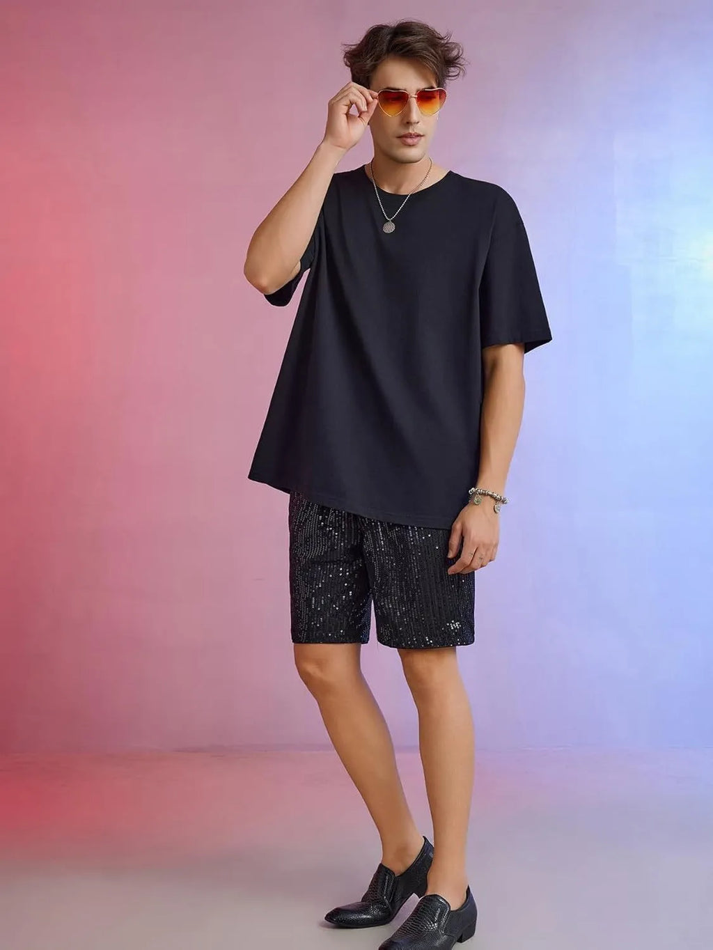 Men's silver sequins straight shorts with elastic waistband on cotton blend fabric