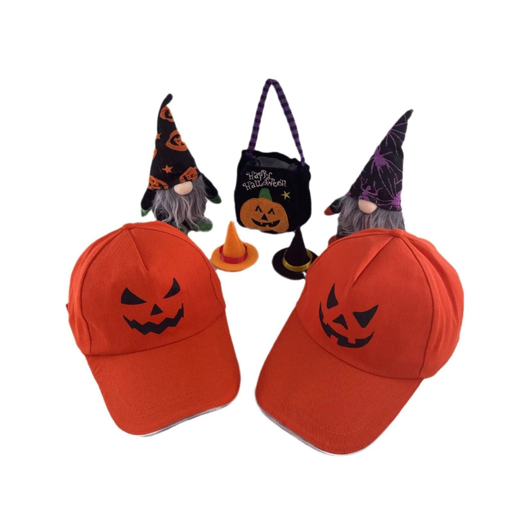 Halloween LED light-up cloth baseball cap showing pumpkin smile yellow light design