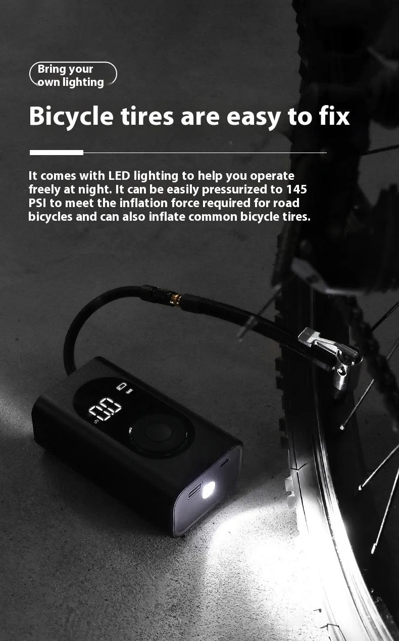 Portable wireless tyre pump with power bank and flashlight functions for multiple vehicles