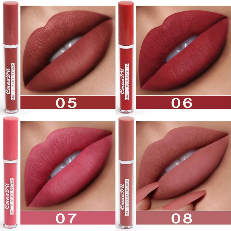 Package containing ten sticks of women's matte non-stick cup lipstick in assorted shades.