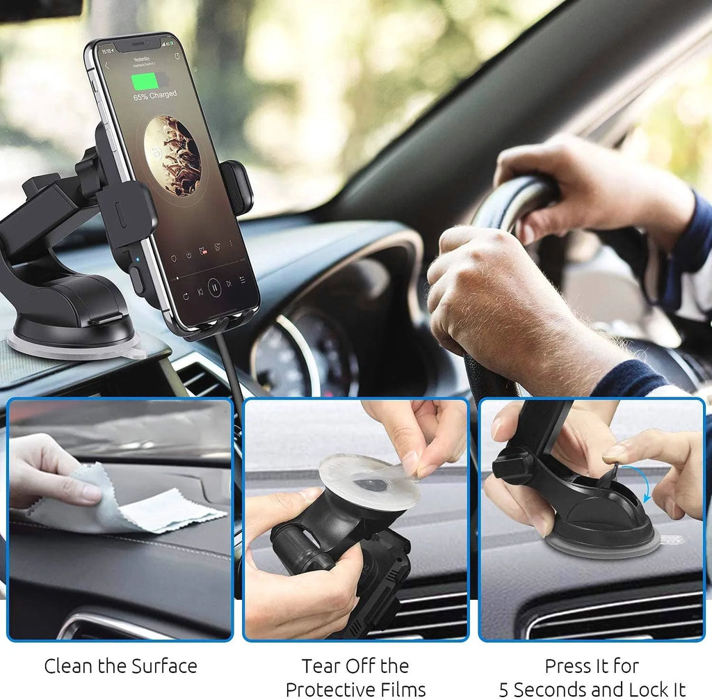 Black car wireless charging stand with 15W fast charging, shown with air vent clip and dashboard tripod mounting options.
