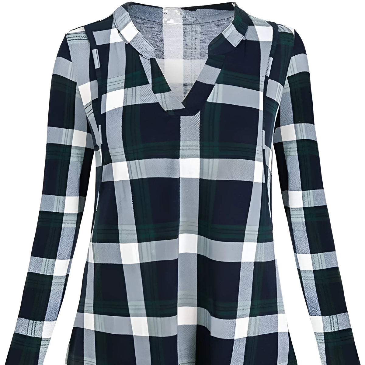 Women's maternity plaid t-shirt with long sleeves and V-neck, shown in black, dark blue, or red.