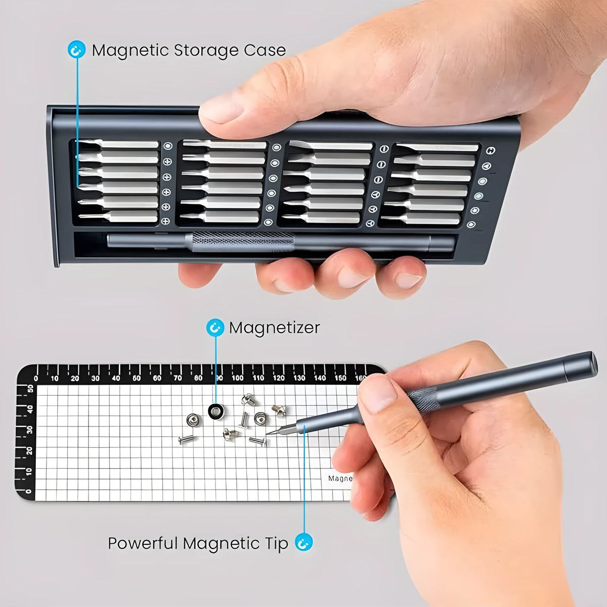 25-in-one magnetic screwdriver set with knurled handle, showing precision bits and a length of 110 mm.