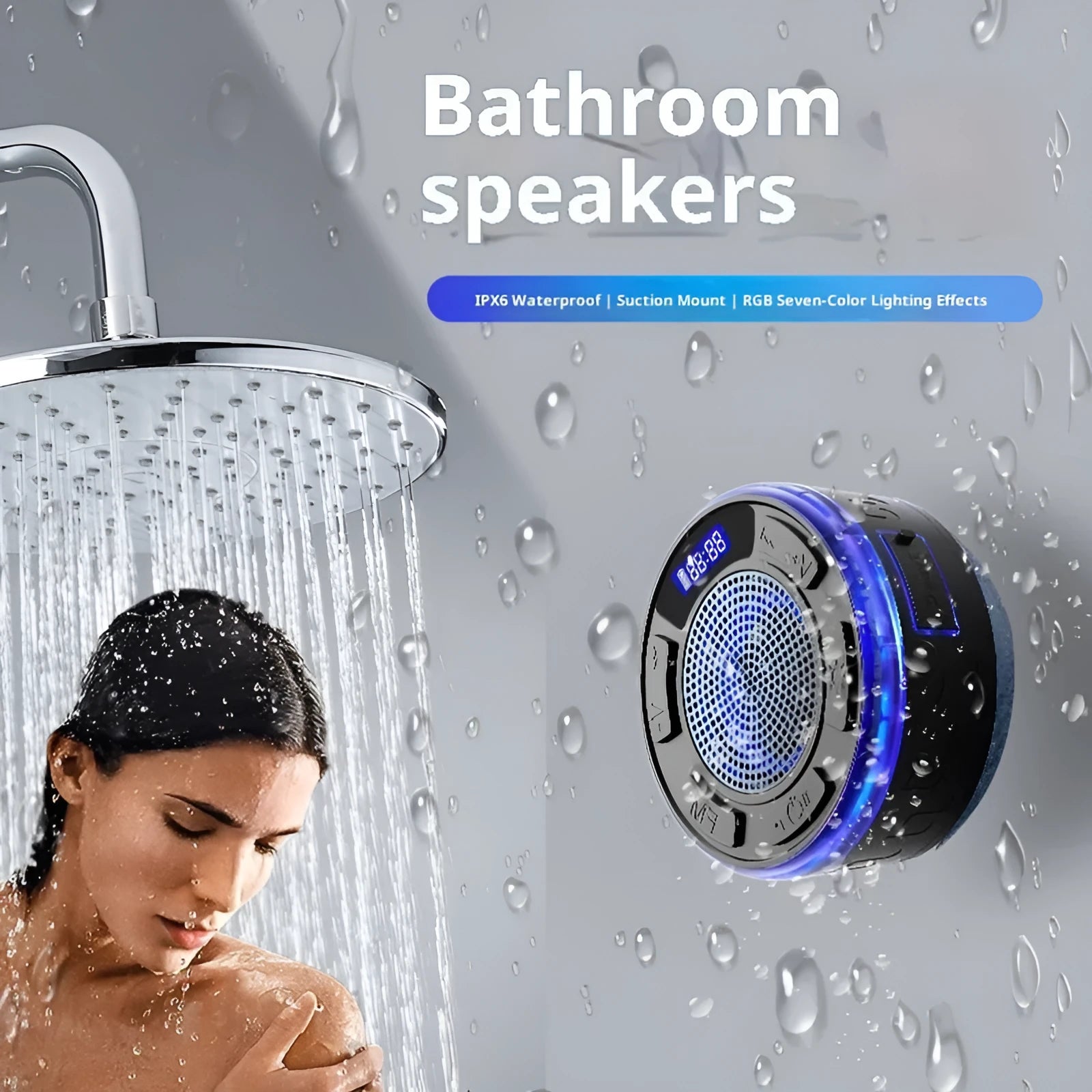 Waterproof Bluetooth speaker with large suction cup in black for bathroom or car use