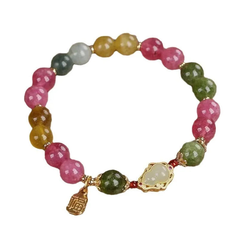 Women's gourd blessing card bracelet with colourful tourmaline stones and electroplated floral design