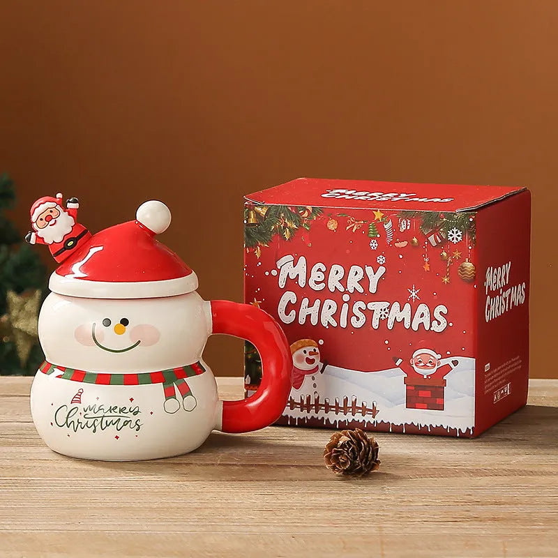 Christmas ceramic cartoon snowman water cup with 400ml capacity, round shape, 8.5cm height