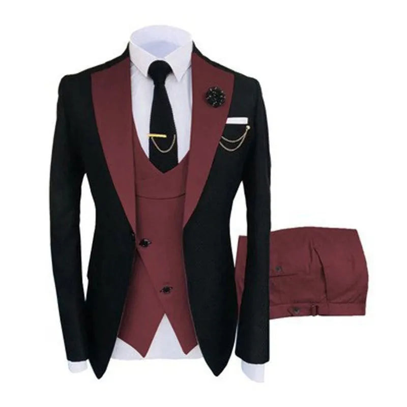 Men's slim fit three-piece business suit in cotton with coat, vest, and trousers for formal occasions