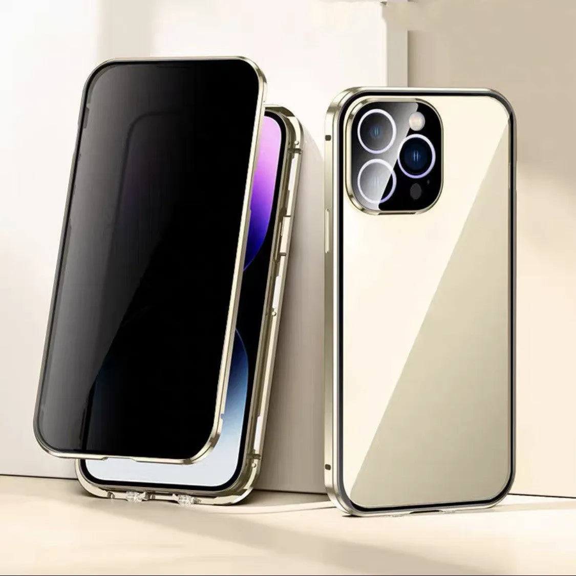 Metal glass phone case with magnetic suction and double-card buckle for iPhone 11-14 Pro Max in black