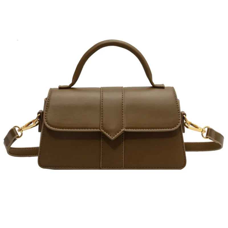 Women's beige PU leather messenger bag with sandwich pocket and horizontal square design
