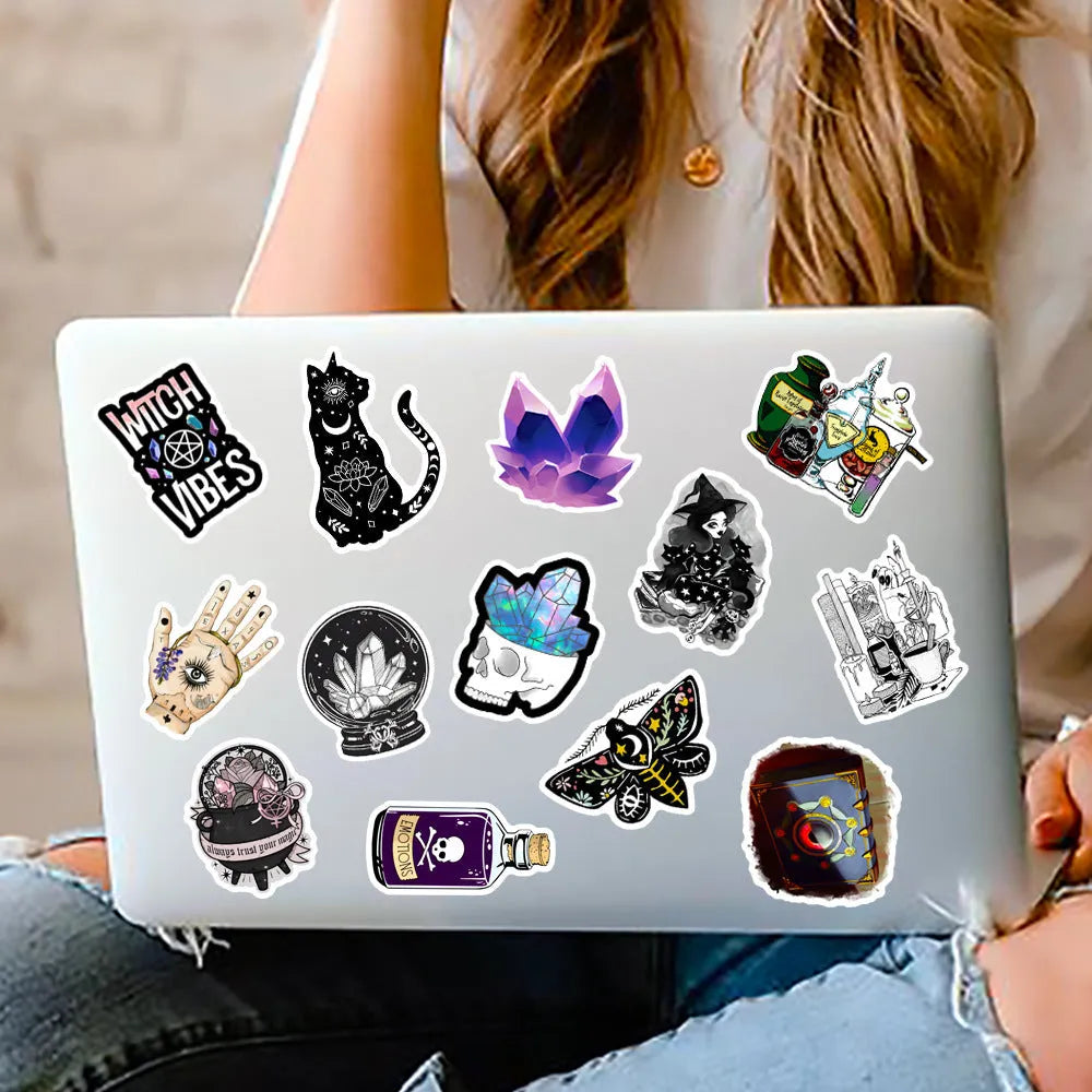 50 piece waterproof PVC luggage stickers with glossy finish in sizes 3cm to 8cm