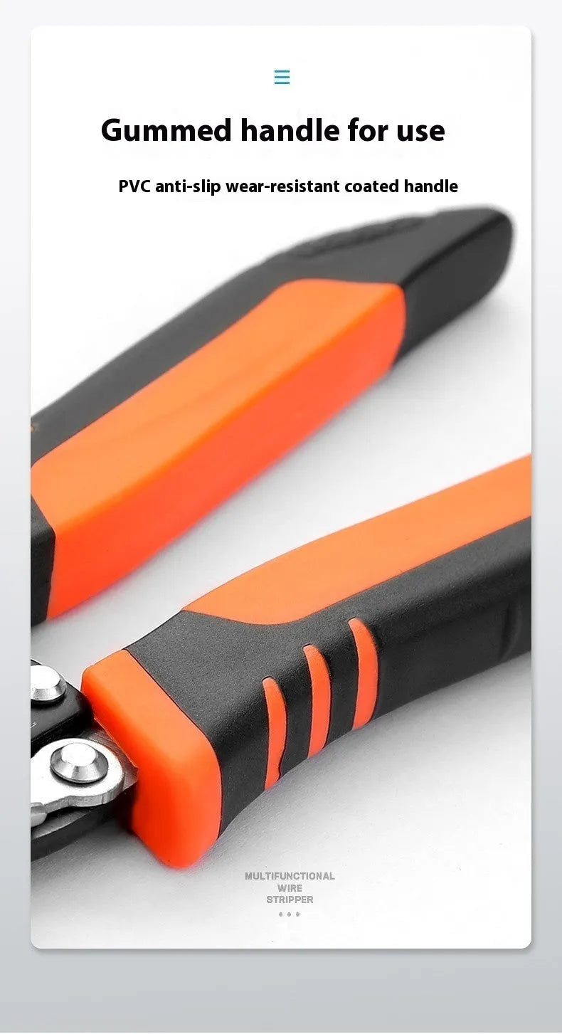 Fully automatic wire stripping pliers tool with a high carbon steel blade on a white background.
