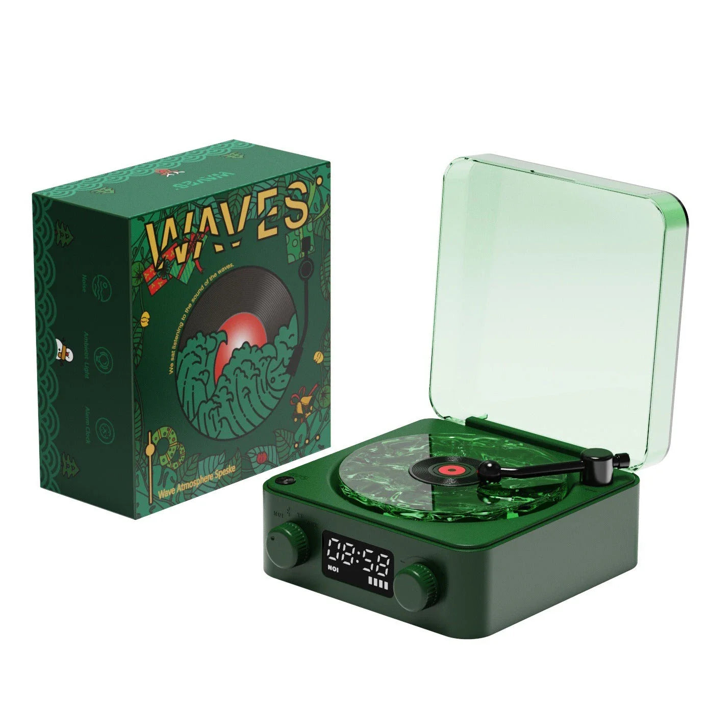 Retro Bluetooth Vinyl Record Player with Rotating Turntable, Nature Sounds, and RGB Lighting Effects