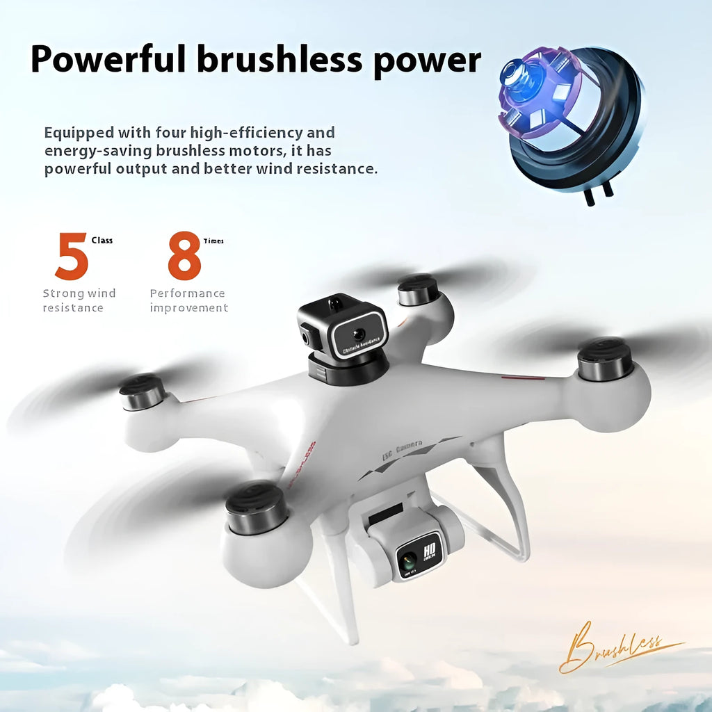Black S116 brushless quadcopter drone with four propellers and a dual camera, shown with its remote control.