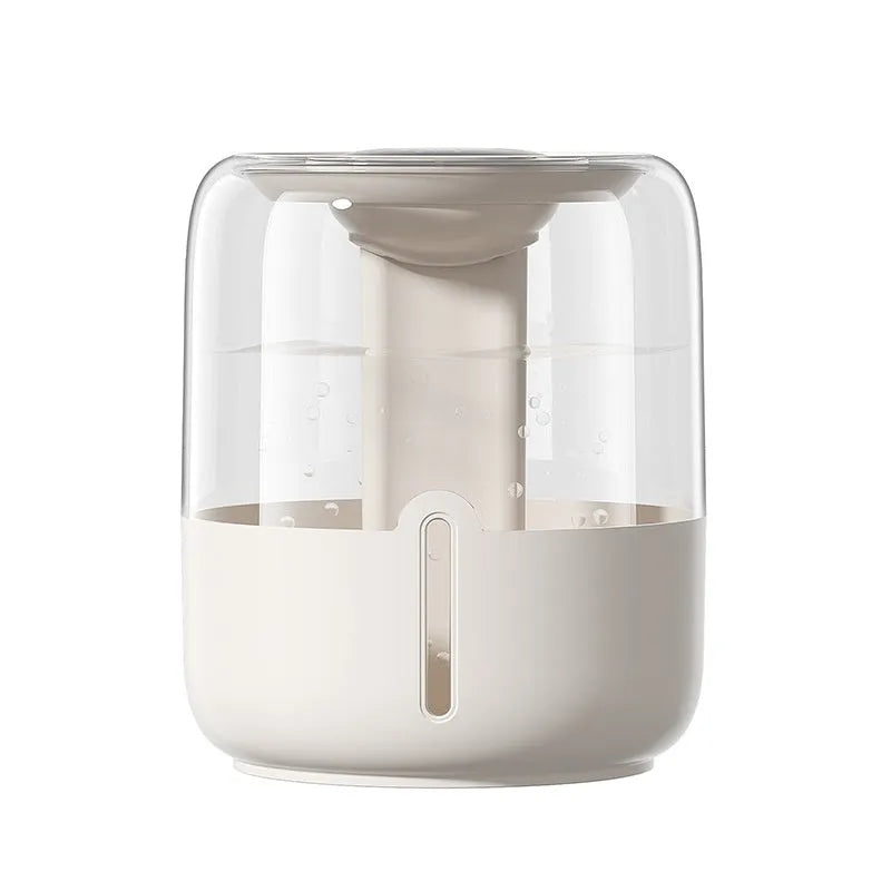 Beige round USB humidifier with dual spray nozzles, digital display, and night light on a table